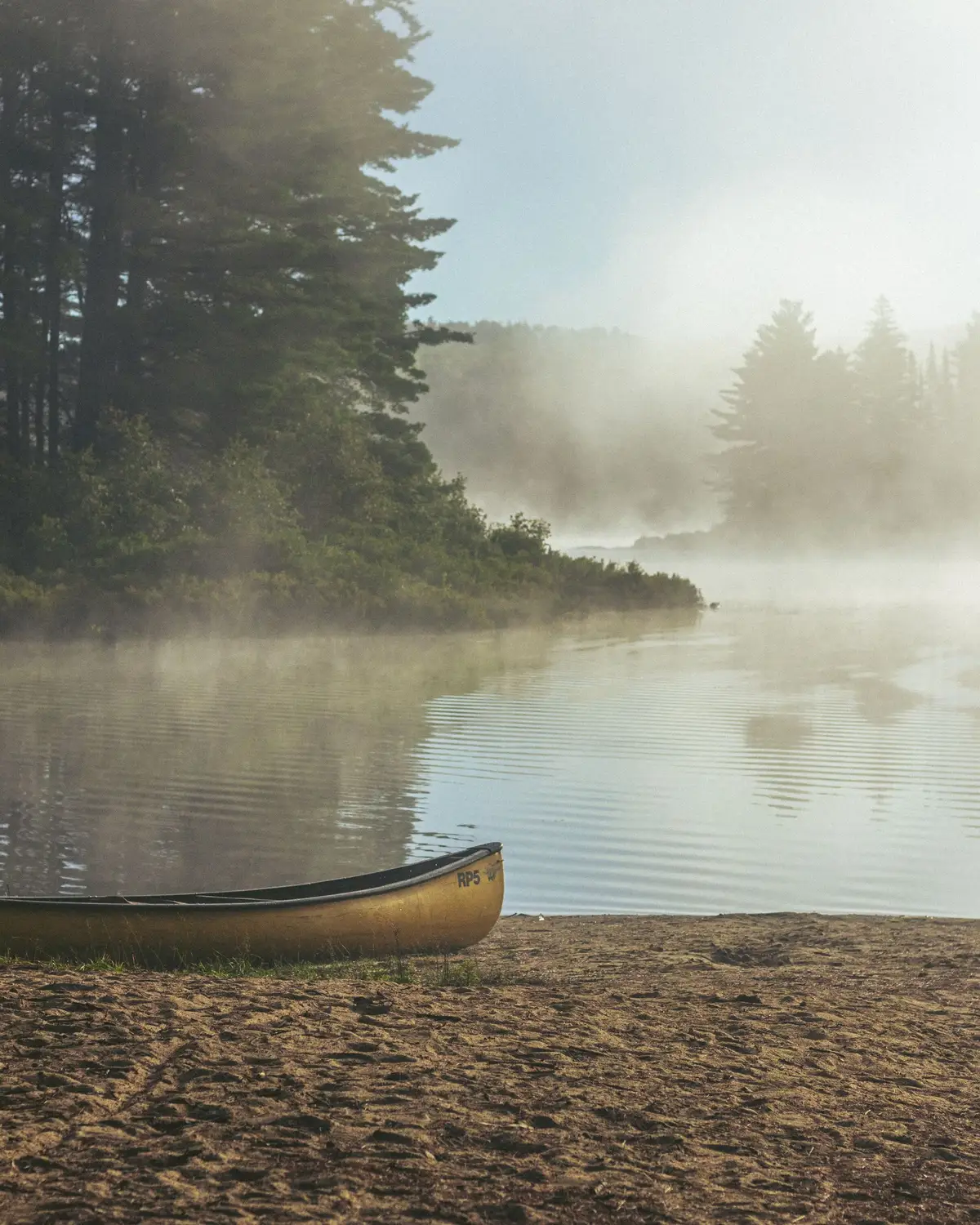 Canoe on a misty lake